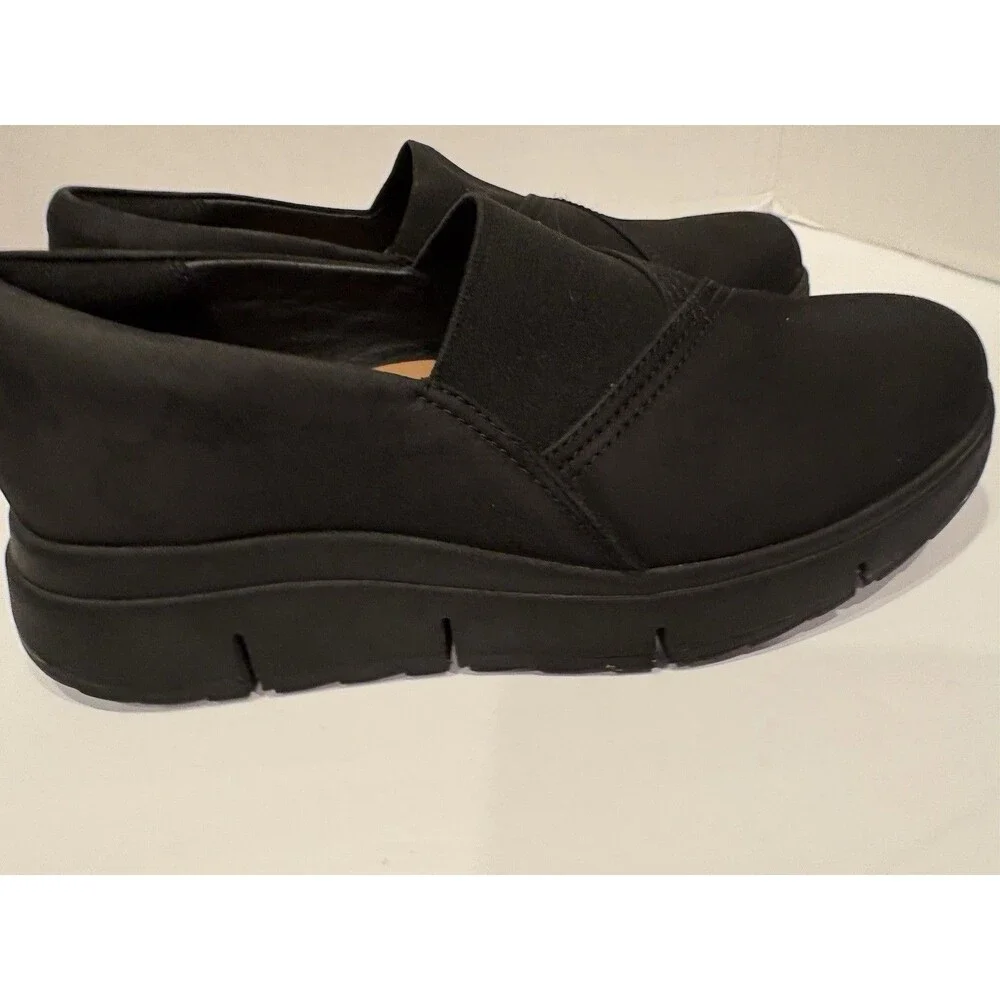 Clarks Loriini West Black Nubuck Platform Wedge Loafers Slip On Women’s 7.5